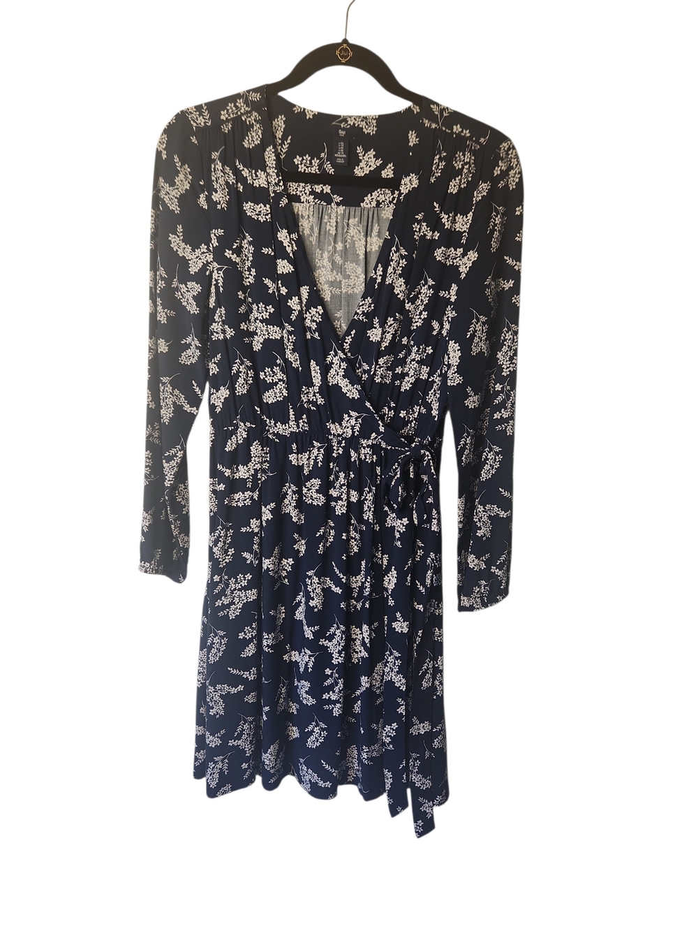 NWT Gap Navy Wrap Dress With White Floral Print Long Sleeves Tie Waist Size XS